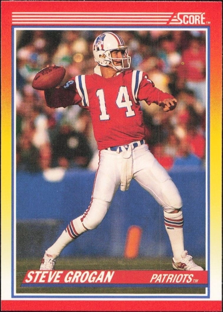 Steve Grogan 1990 Score #221 Football Trading Card - Front 1990 Score Steve Grogan #221 football trading card front