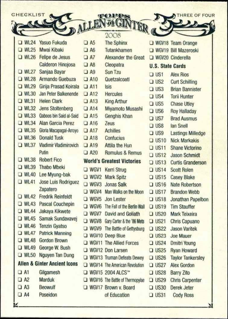 Checklist 2008 Topps Allen & Ginter #3 Baseball Trading Card - Front 2008 Topps Allen & Ginter Checklist #3 baseball trading card front