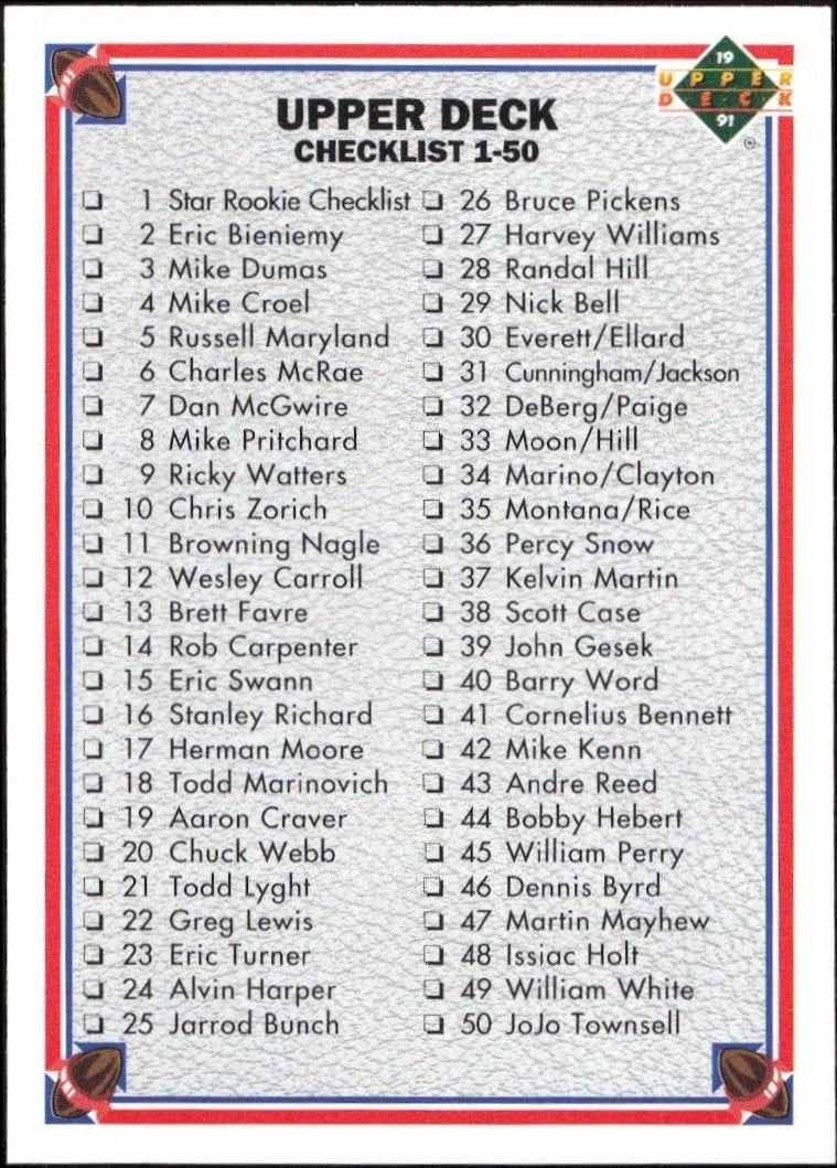 Checklist 1991 Upper Deck #500 Football Trading Card - Front 1991 Upper Deck Checklist #500 football trading card front