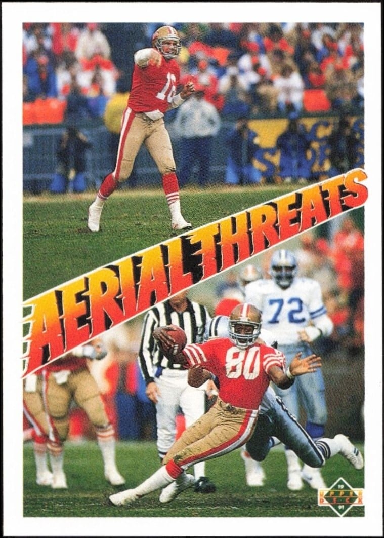 Joe Montana / Jerry Rice / 1991 Upper Deck #35 Football Trading Card - Front 1991 Upper Deck Joe Montana / Jerry Rice / #35 football trading card front