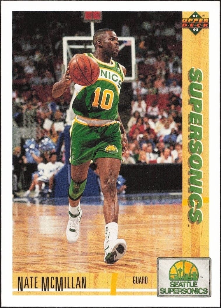 Nate McMillan 1991-92 Upper Deck #186 Basketball Trading Card - Front 1991-92 Upper Deck Nate McMillan #186 basketball trading card front