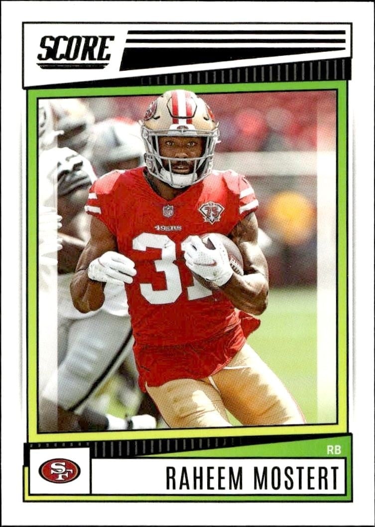 Raheem Mostert 2022 Panini Score #168 Football Trading Card - Front 2022 Panini Score Raheem Mostert #168 football trading card front