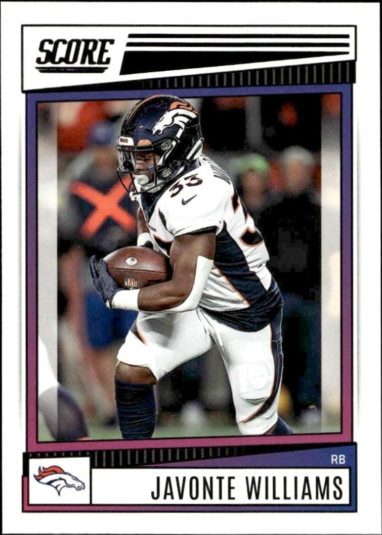 Javonte Williams 2022 Panini Score #79 Football Trading Card - Front 2022 Panini Score Javonte Williams #79 football trading card front