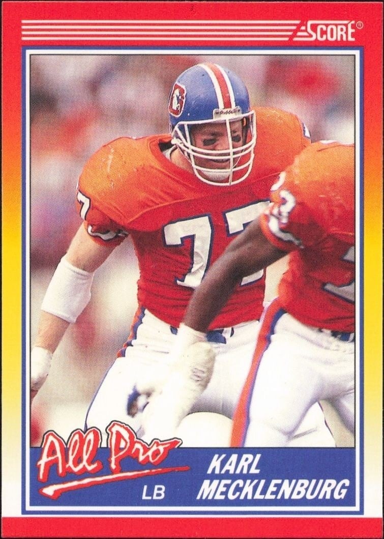 Karl Mecklenburg 1990 Score #569 Football Trading Card - Front 1990 Score Karl Mecklenburg #569 football trading card front