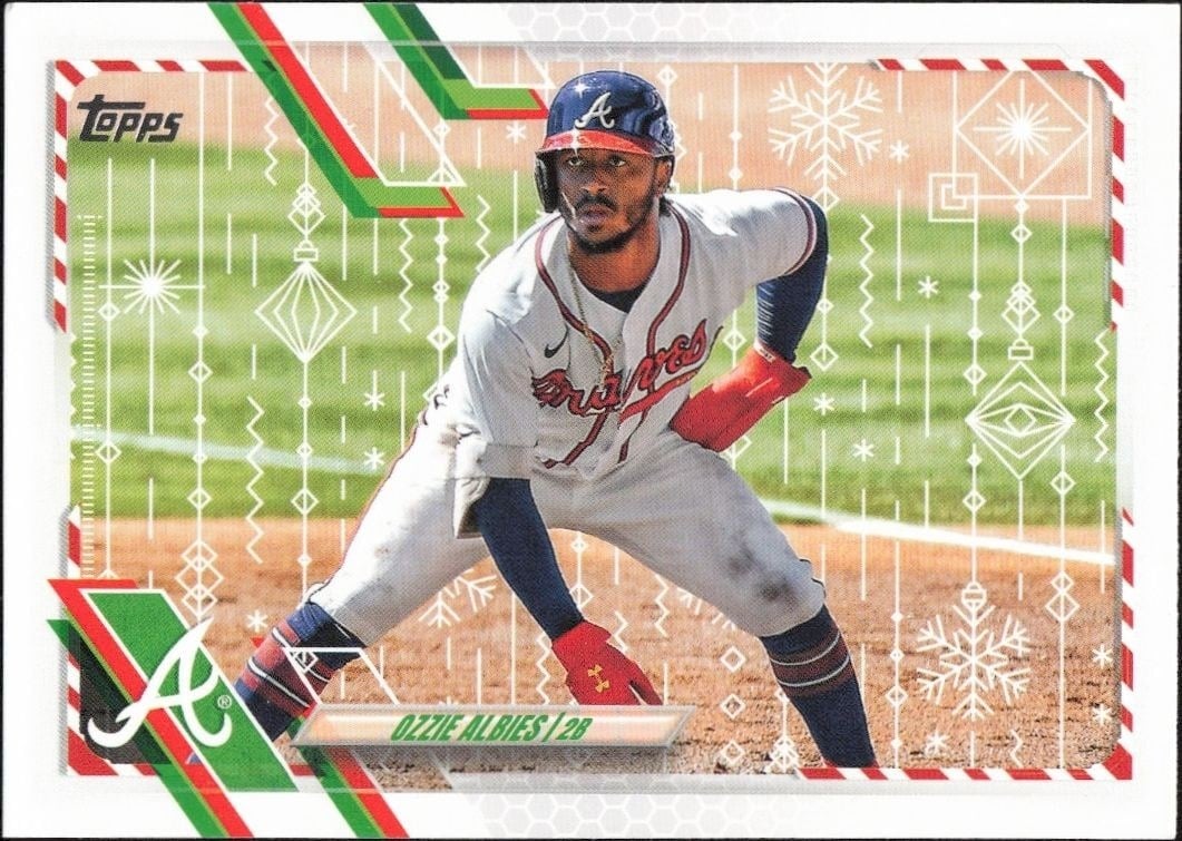 Ozzie Albies 2021 Topps Holiday #HW34 Baseball Trading Card - Front 2021 Topps Holiday Ozzie Albies #HW34 baseball trading card front
