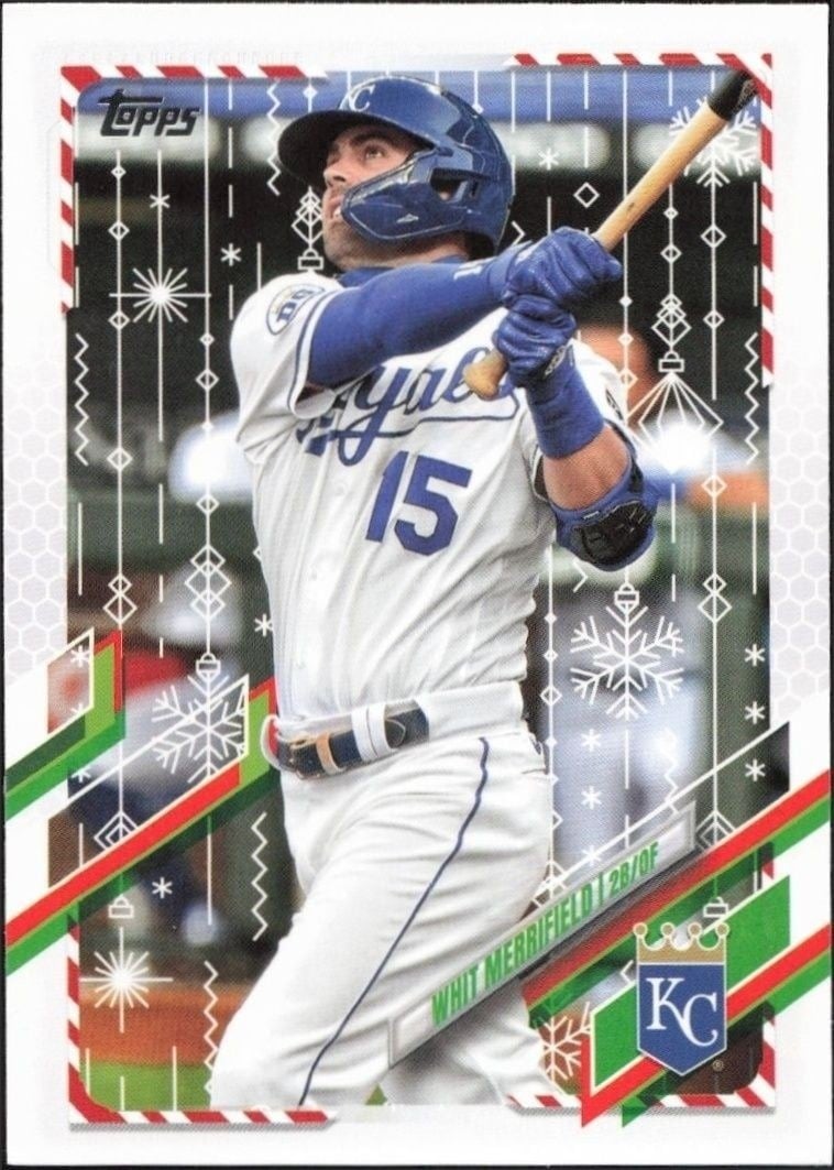 Whit Merrifield 2021 Topps Holiday #HW97 Baseball Trading Card - Front 2021 Topps Holiday Whit Merrifield #HW97 baseball trading card front