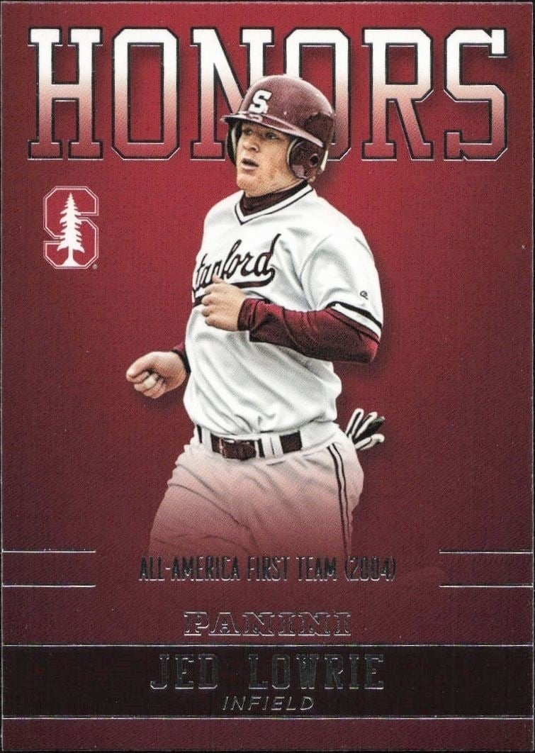 Jed Lowrie 2015 Panini Stanford University #JL-STA Baseball Trading Card - Front 2015 Panini Stanford University Jed Lowrie #JL-STA baseball trading card front