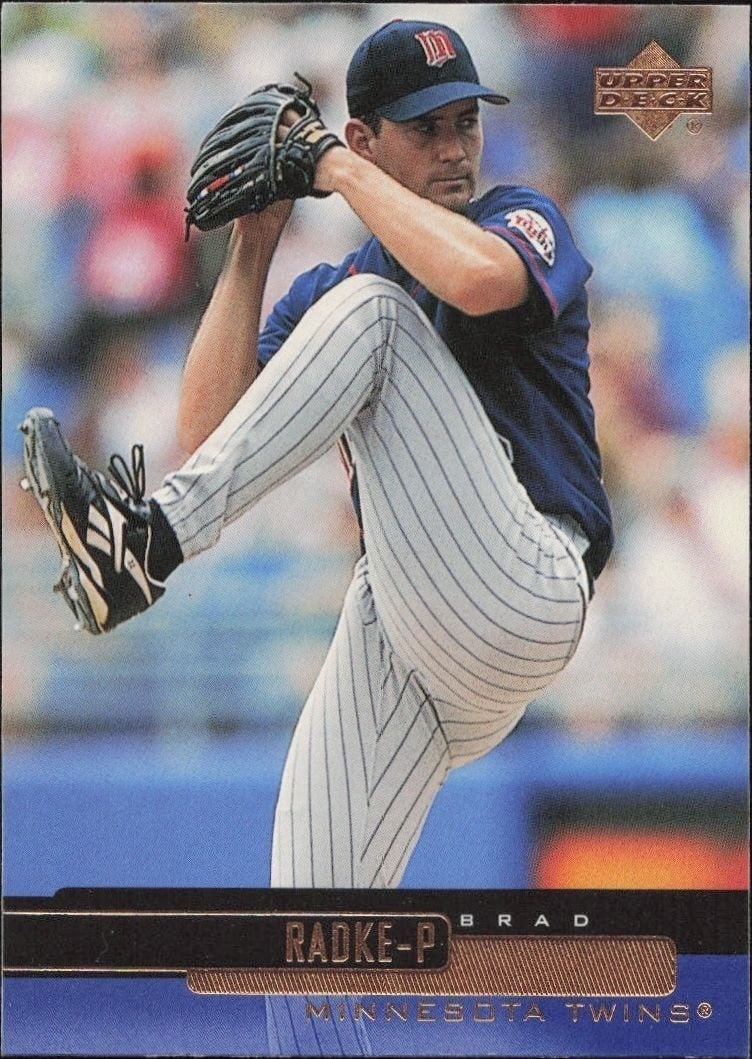Brad Radke 2000 Upper Deck #158 Baseball Trading Card - Front 2000 Upper Deck Brad Radke #158 baseball trading card front