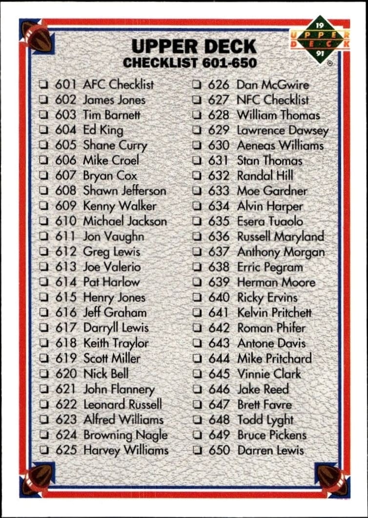 Checklist 1991 Upper Deck #700 Football Trading Card - Front 1991 Upper Deck Checklist #700 football trading card front