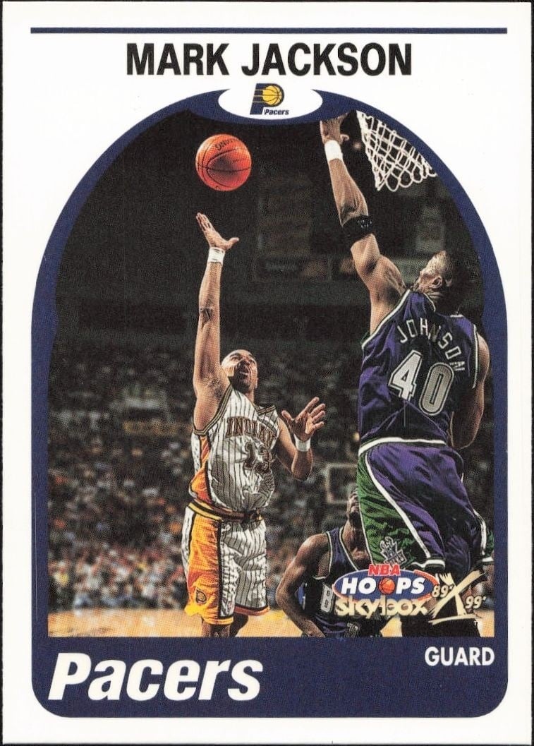 Mark Jackson 1999-00 Skybox NBA Hoops Decade #104 Basketball Trading Card - Front 1999-00 Skybox NBA Hoops Decade Mark Jackson #104 basketball trading card front