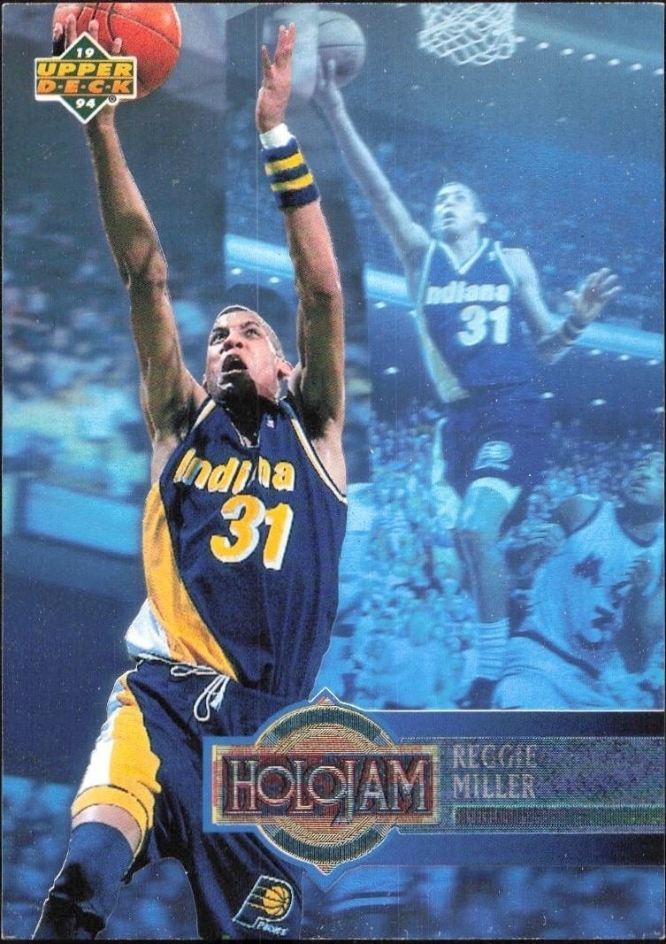 Reggie Miller 1993-94 Upper Deck Holojam #H11 Basketball Trading Card - Front 1993-94 Upper Deck Holojam Reggie Miller #H11 basketball trading card front