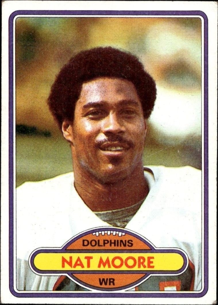 Nat Moore 1980 Topps #515 Football Trading Card - Front 1980 Topps Nat Moore #515 football trading card front