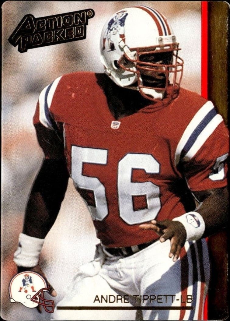 Andre Tippett 1992 Action Packed #165 Football Trading Card - Front 1992 Action Packed Andre Tippett #165 football trading card front