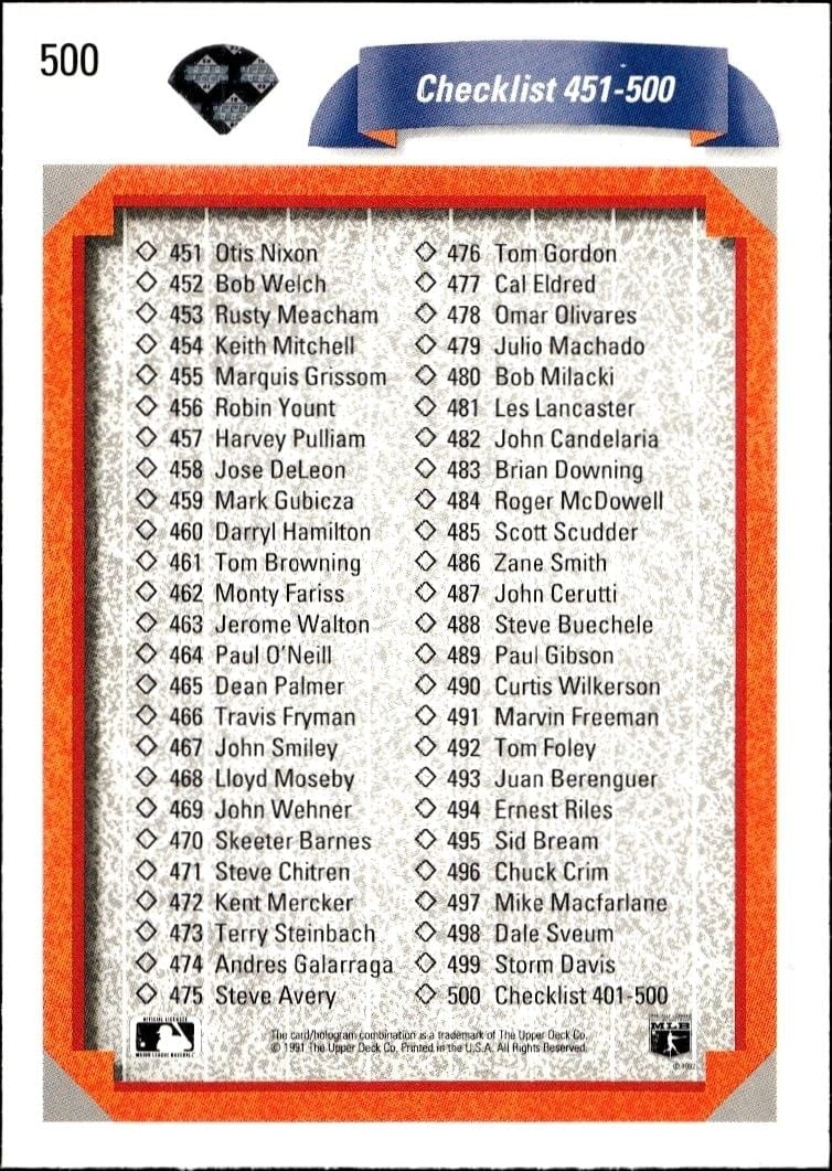 Checklist 1992 Upper Deck #500 Baseball Trading Card - Front 1992 Upper Deck Checklist #500 baseball trading card front