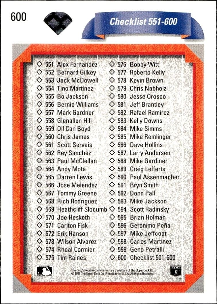 Checklist 1992 Upper Deck #600 Baseball Trading Card - Front 1992 Upper Deck Checklist #600 baseball trading card front