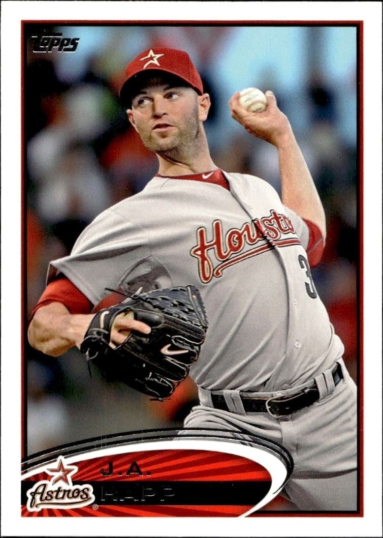 J.A. Happ 2012 Topps #560 Baseball Trading Card - Front 2012 Topps J.A. Happ #560 baseball trading card front