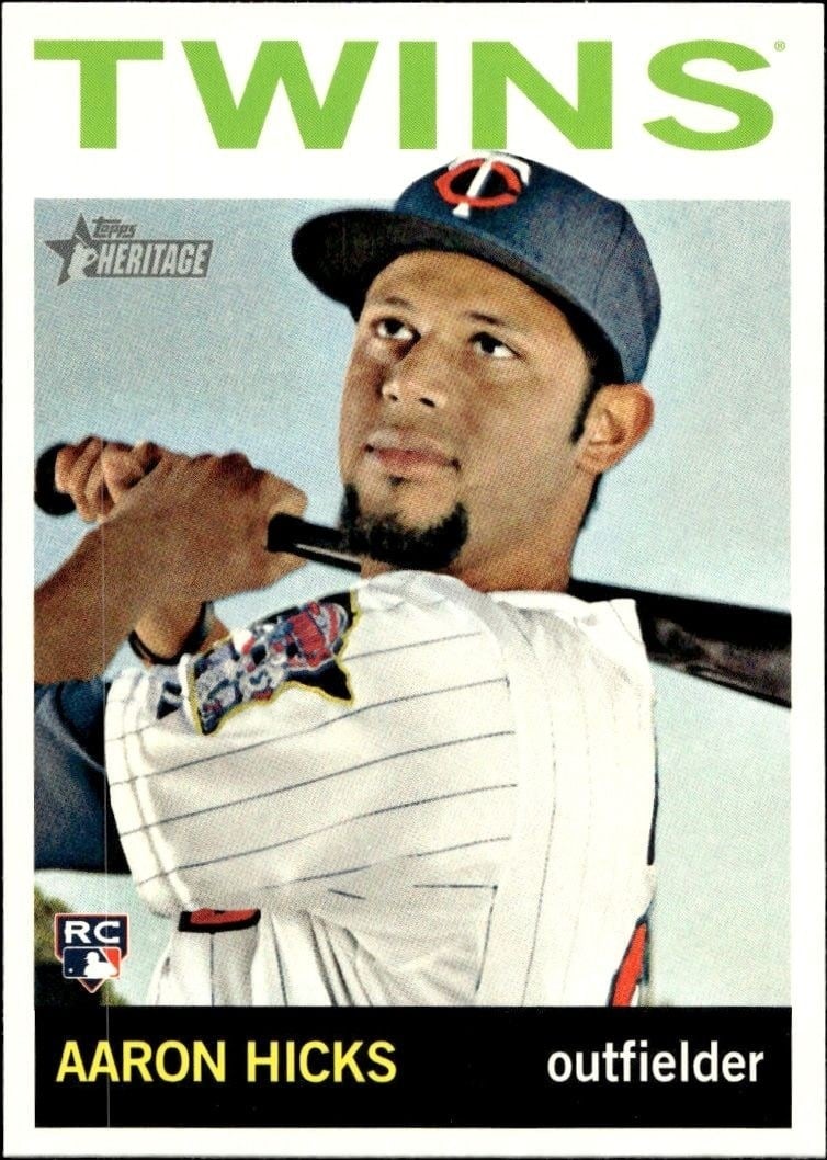 Aaron Hicks 2013 Topps Heritage High Number #H514 Baseball Trading Card - Front 2013 Topps Heritage High Number Aaron Hicks #H514 baseball trading card front