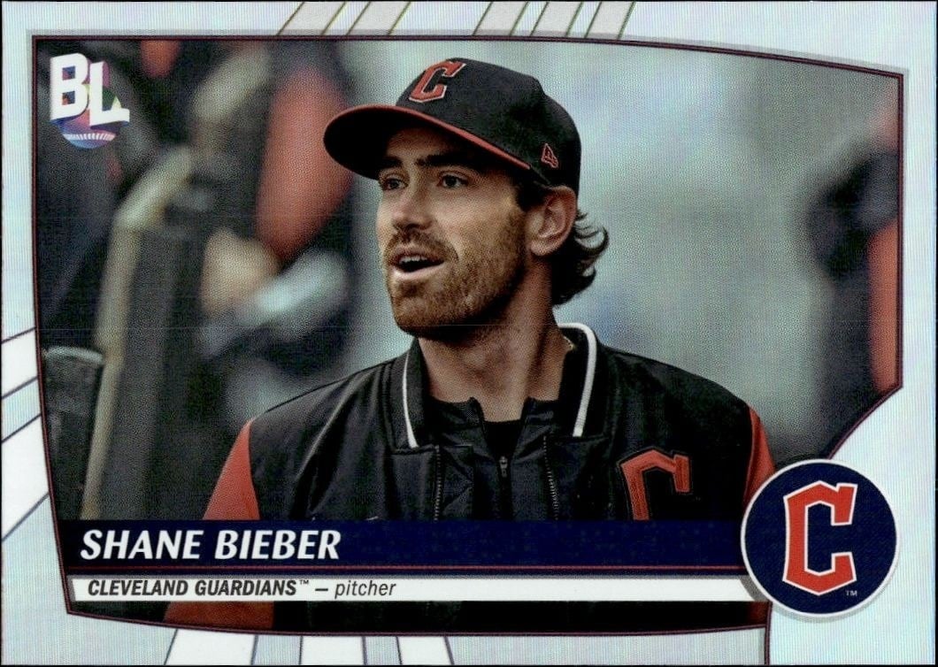 Shane Bieber 2023 Topps Big League #218 Baseball Trading Card - Front 2023 Topps Big League Shane Bieber #218 baseball trading card front