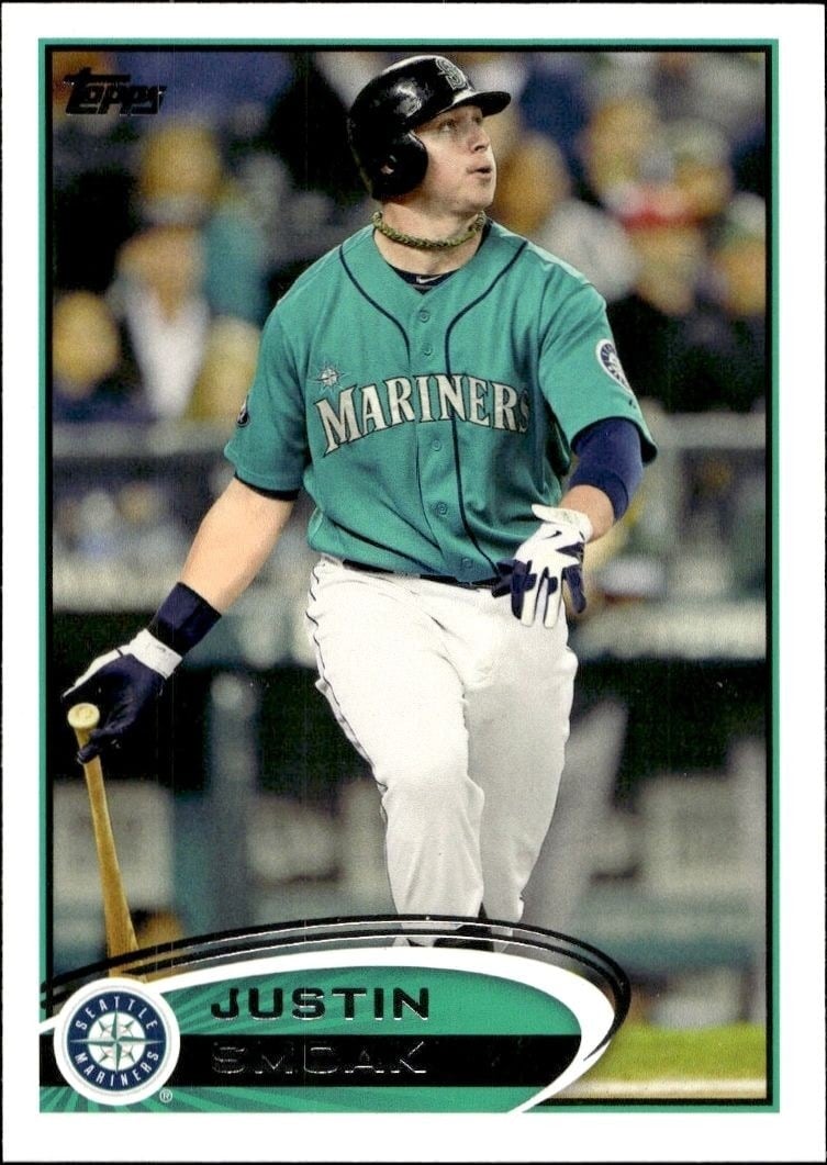 Justin Smoak 2012 Topps #627 Baseball Trading Card - Front 2012 Topps Justin Smoak #627 baseball trading card front
