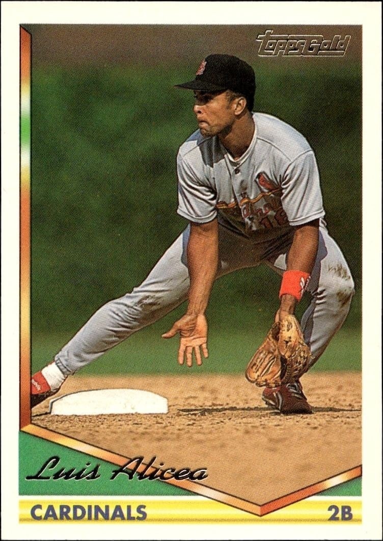 Luis Alicea 1994 Topps #416 Baseball Trading Card - Front 1994 Topps Luis Alicea #416 baseball trading card front