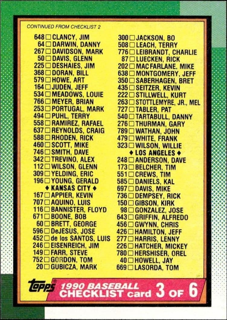 1990 Topps Checklist #376 trading card