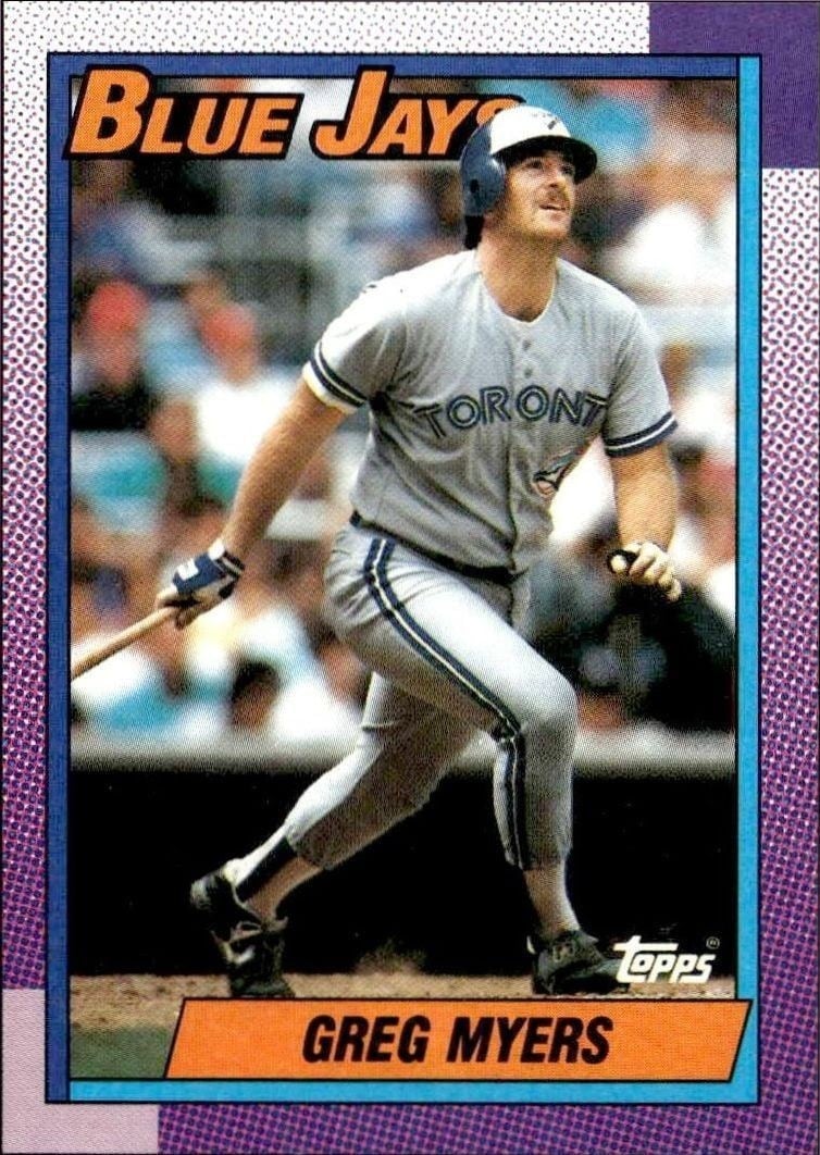 Greg Myers 1990 Topps #438 Baseball Trading Card - Front 1990 Topps Greg Myers #438 baseball trading card front