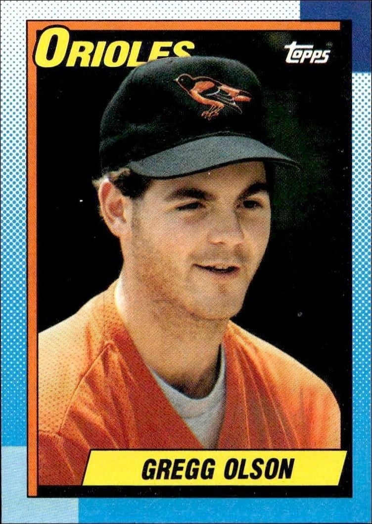 Gregg Olson 1990 Topps #655 Baseball Trading Card - Front 1990 Topps Gregg Olson #655 baseball trading card front