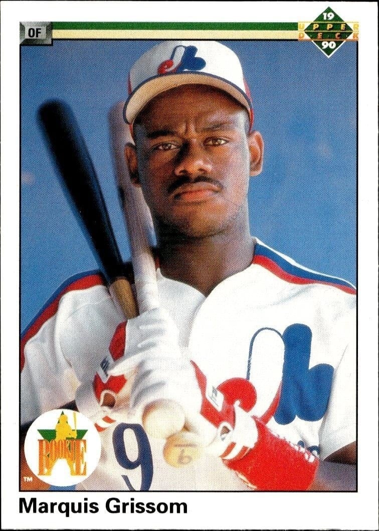 Marquis Grissom 1990 Upper Deck #9 Baseball Trading Card - Front 1990 Upper Deck Marquis Grissom #9 baseball trading card front