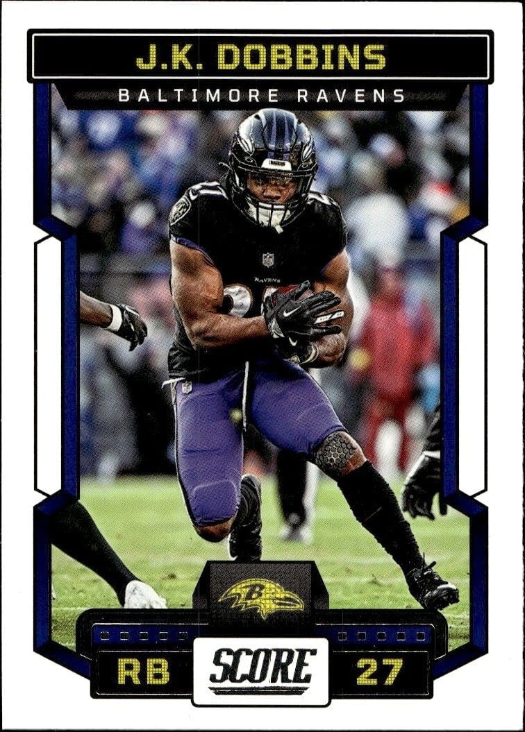 J.K. Dobbins 2023 Panini Score #189 Football Trading Card - Front 2023 Panini Score J.K. Dobbins #189 football trading card front