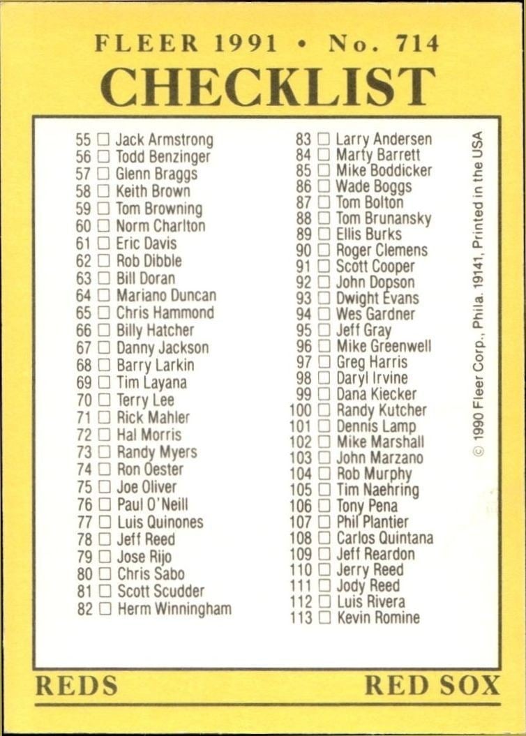 Checklist 1991 Fleer #714 Baseball Trading Card - Front 1991 Fleer Checklist #714 baseball trading card front