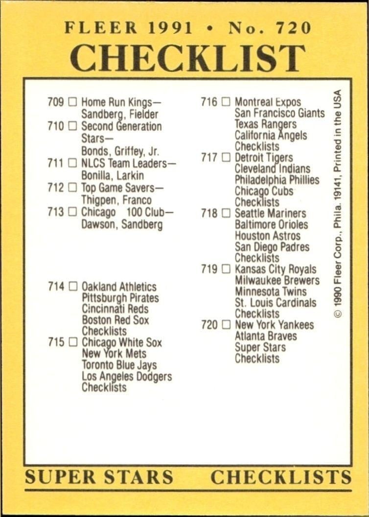 1991 Fleer Checklist #720 trading card
