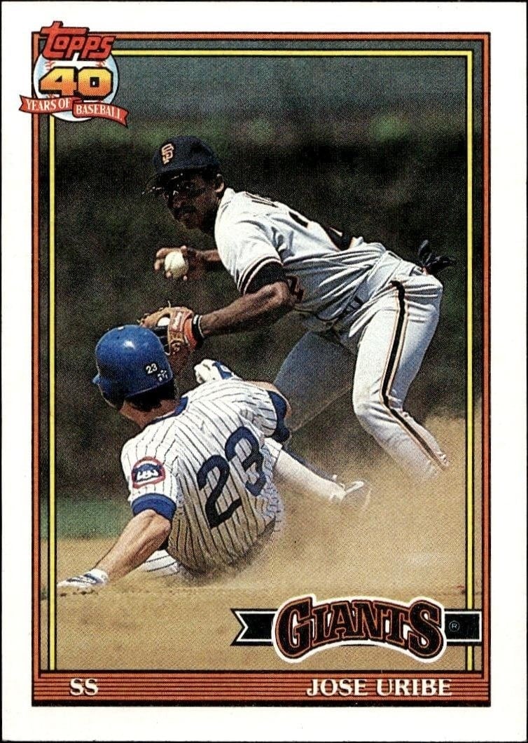 Jose Uribe 1991 Topps #158 Baseball Trading Card - Front 1991 Topps Jose Uribe #158 baseball trading card front