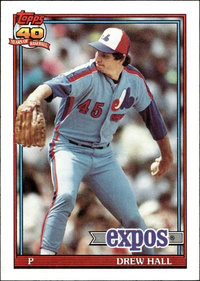 Drew Hall 1991 Topps #77 Baseball Trading Card - Front 1991 Topps Drew Hall #77 baseball trading card front