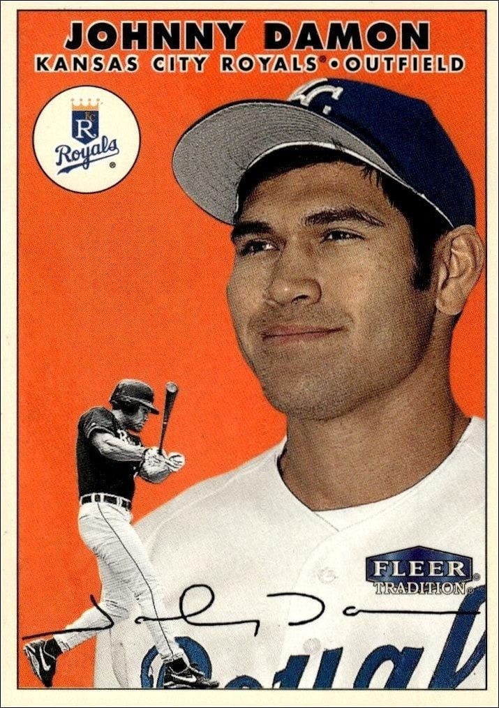 Johnny Damon 2000 Fleer Tradition Glossy #95 Baseball Trading Card - Front 2000 Fleer Tradition Glossy Johnny Damon #95 baseball trading card front