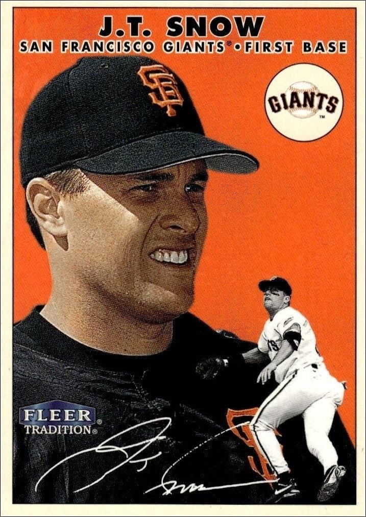 J.T. Snow 2000 Fleer Tradition Glossy #315 Baseball Trading Card - Front 2000 Fleer Tradition Glossy J.T. Snow #315 baseball trading card front