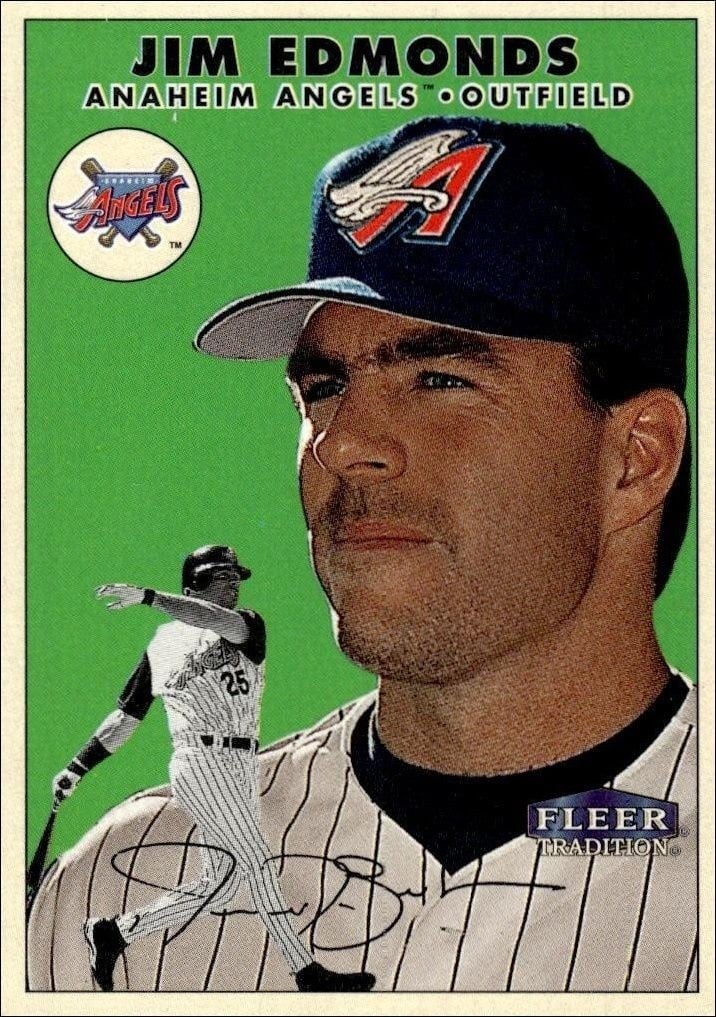 Jim Edmonds 2000 Fleer Tradition Glossy #71 Baseball Trading Card - Front 2000 Fleer Tradition Glossy Jim Edmonds #71 baseball trading card front