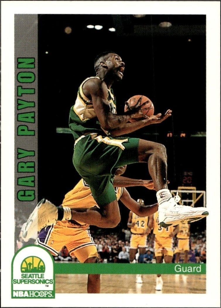 Gary Payton 1992-93 Skybox NBA Hoops #219 Basketball Trading Card - Front 1992-93 Skybox NBA Hoops Gary Payton #219 basketball trading card front