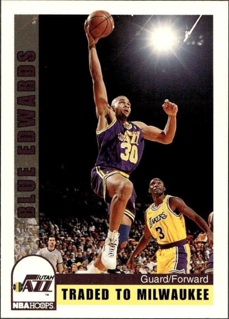 Blue Edwards 1992-93 Skybox NBA Hoops #225 Basketball Trading Card - Front 1992-93 Skybox NBA Hoops Blue Edwards #225 basketball trading card front