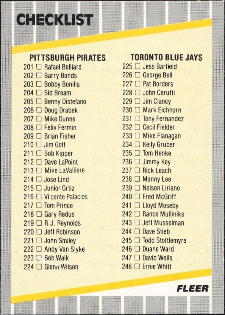 1989 Fleer Blue checklist preview