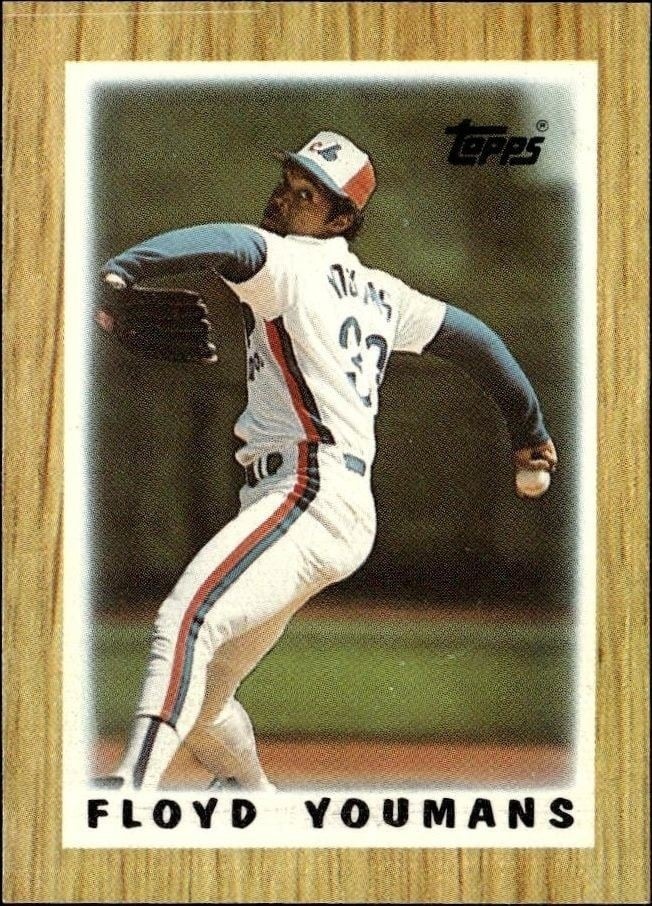Floyd Youmans 1987 Topps Minis #19 Baseball Trading Card - Front 1987 Topps Minis Floyd Youmans #19 baseball trading card front