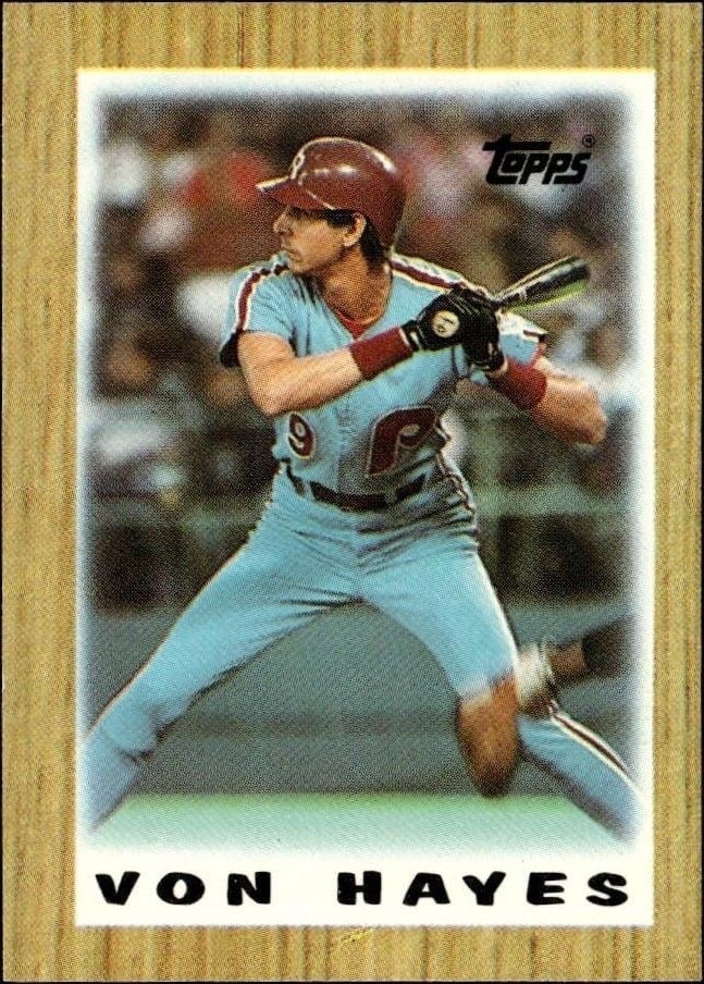 Von Hayes 1987 Topps Minis #28 Baseball Trading Card - Front 1987 Topps Minis Von Hayes #28 baseball trading card front