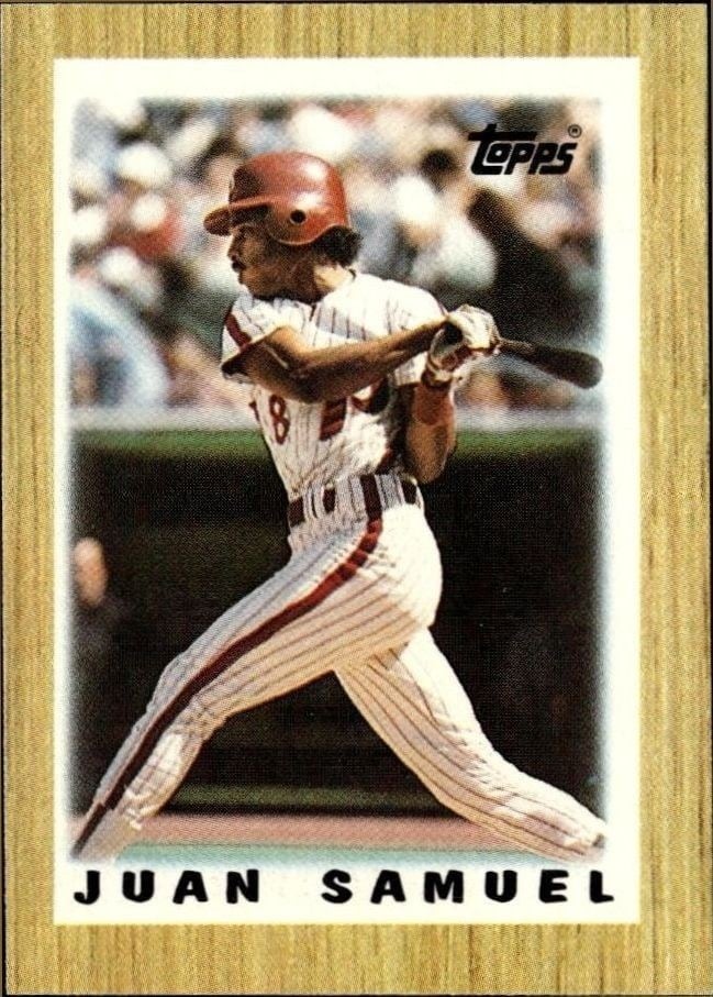 Juan Samuel 1987 Topps Minis #29 Baseball Trading Card - Front 1987 Topps Minis Juan Samuel #29 baseball trading card front