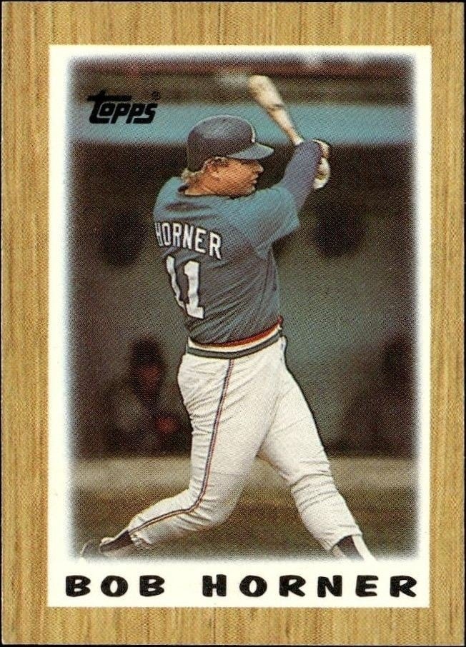 Bob Horner 1987 Topps Minis #1 Baseball Trading Card - Front 1987 Topps Minis Bob Horner #1 baseball trading card front