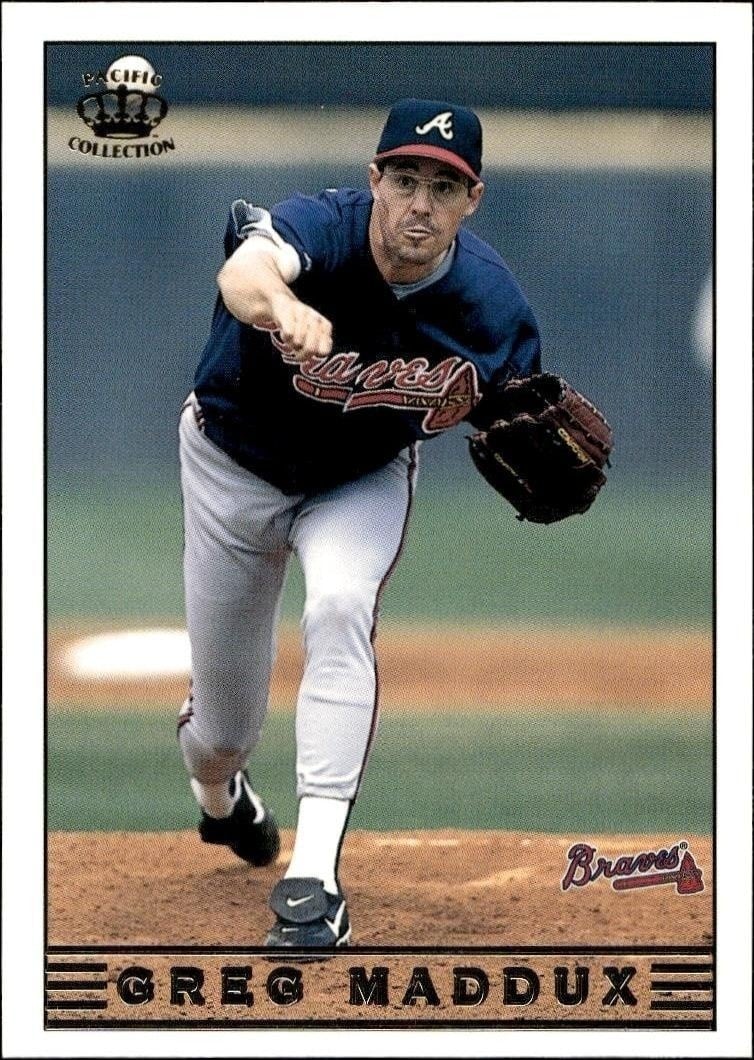 Greg Maddux 1999 Pacific Crown Collection #28 Baseball Trading Card - Front 1999 Pacific Crown Collection Greg Maddux #28 baseball trading card front