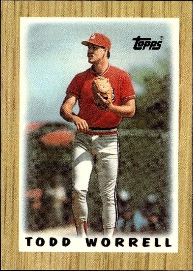 Todd Worrell 1987 Topps Minis #34 Baseball Trading Card - Front 1987 Topps Minis Todd Worrell #34 baseball trading card front