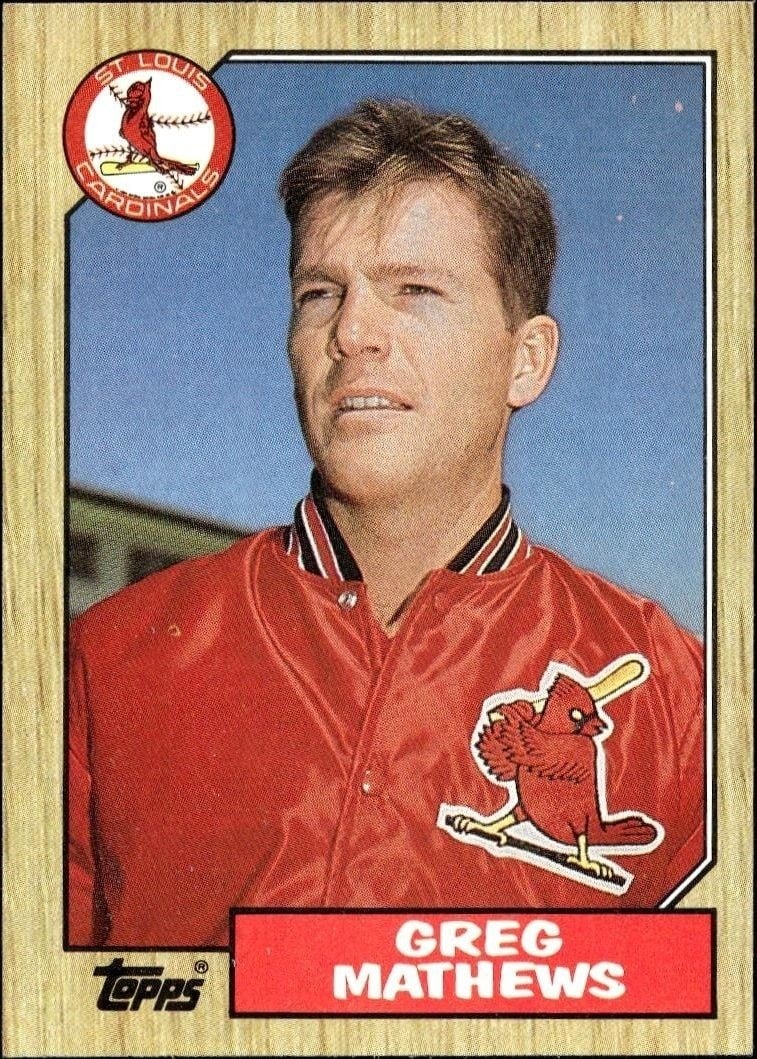Greg Mathews 1987 Topps #567 Baseball Trading Card - Front 1987 Topps Greg Mathews #567 baseball trading card front