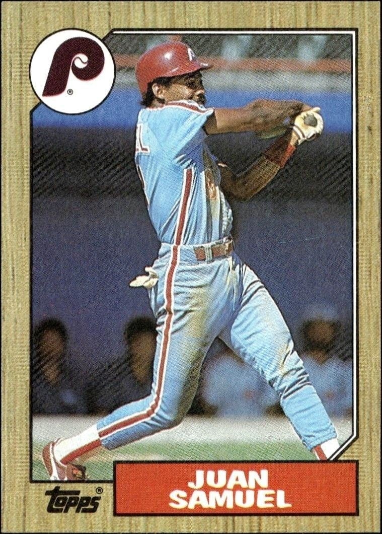 Juan Samuel 1987 Topps #255 Baseball Trading Card - Front 1987 Topps Juan Samuel #255 baseball trading card front