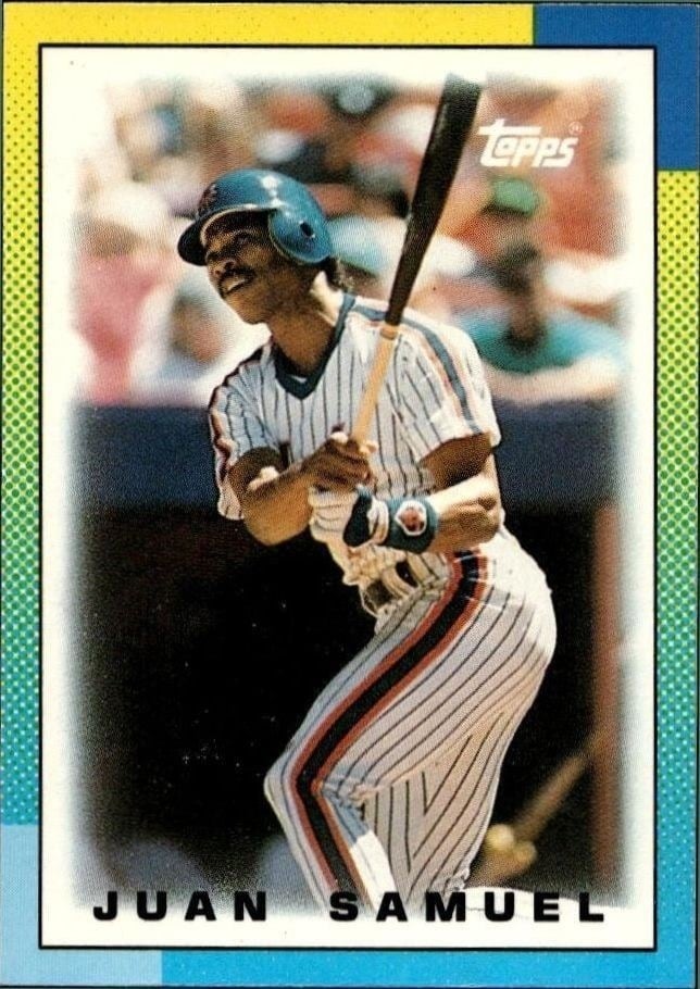 Juan Samuel 1990 Topps Minis #68 Baseball Trading Card - Front 1990 Topps Minis Juan Samuel #68 baseball trading card front