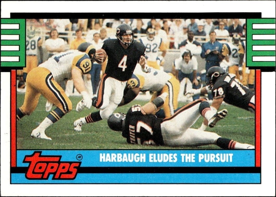 Harbaugh Eludes The Pursuit 1990 Topps #501 Football Trading Card - Front 1990 Topps Harbaugh Eludes The Pursuit #501 football trading card front