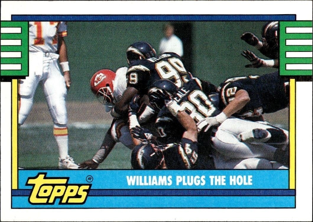 Williams Plugs The Hole 1990 Topps #508C Football Trading Card - Front 1990 Topps Williams Plugs The Hole #508C football trading card front